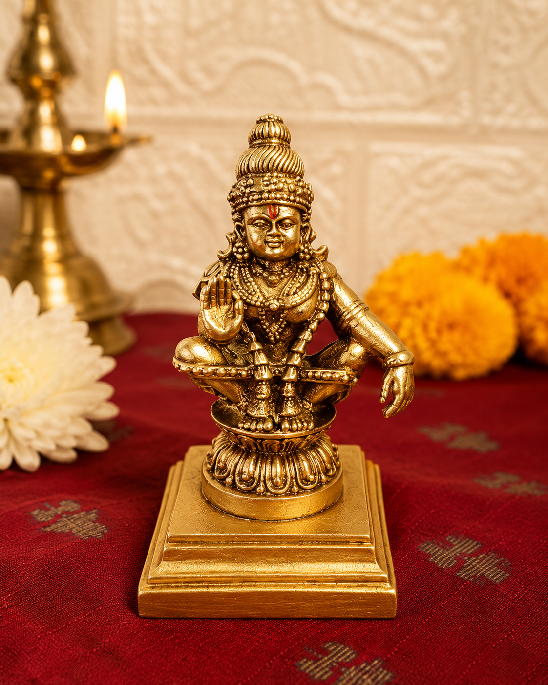 O Kalasha Premium Mini Resin Lord Ayyappan Idol – 11cm Antique Gold Finish Swami Ayyappa Statue for Car Dashboard & Mandir